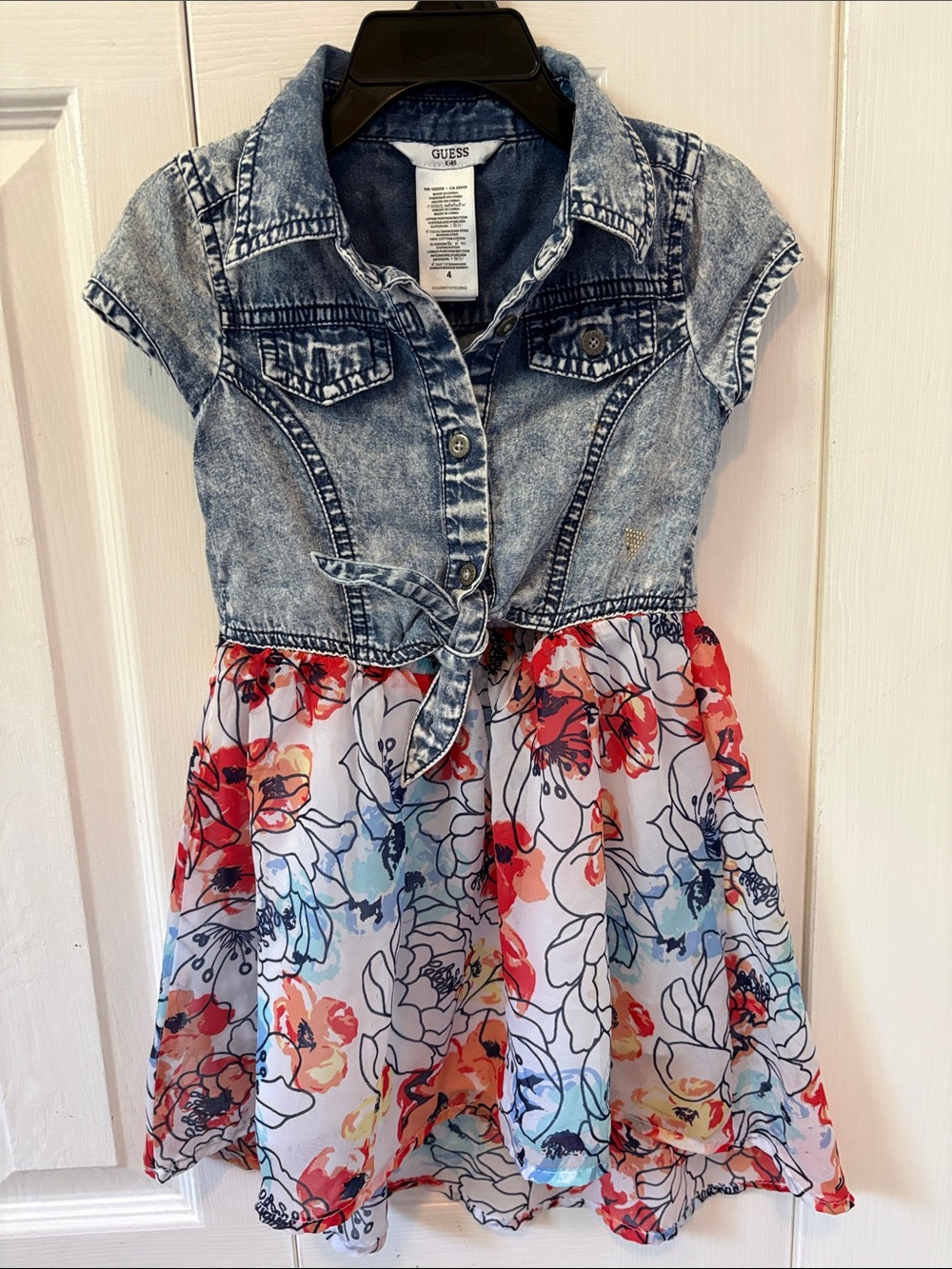 GUESS Girls Blue Acid-Wash Denim Top with Red & Multi Floral Skirt Dress